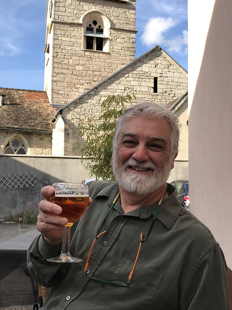 Steve enjoying a beer at the Auberge du Cheval Blanc in Chamouilley